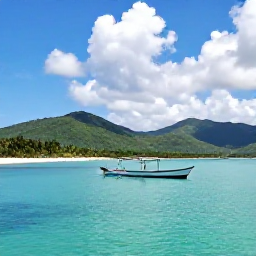 Caribbean Holidays, Haiti Fishing June, A traditional fishing boat on calm turquoise Caribbean water near Haiti in June, with green hills and a bright tropical sky