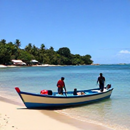 Caribbean Holidays, Haiti Fishing June, Local Haitian fishermen preparing colourful wooden boats and fishing equipment beside a quiet tropical harbour in June