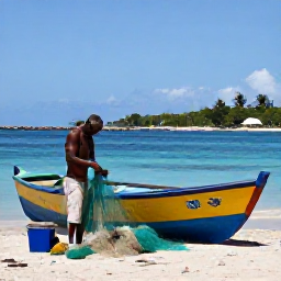 Caribbean Holidays, Haiti Fishing, Local Haitian fishermen preparing colourful wooden boats and fishing nets beside a sunny harbour
