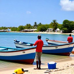 Caribbean Holidays, Haiti Fishing, Local Haitian fishermen sorting their catch beside colourful boats on a sunny Caribbean harbour