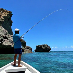 Caribbean Holidays, Haiti Fishing March, Angler casting from a small boat near Haiti, with rugged coastline, clear water and a sunny blue sky