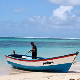 Caribbean Holidays, Haiti Fishing March, Friendly local fishing guide preparing tackle beside a colourful Haitian boat on a peaceful beach
