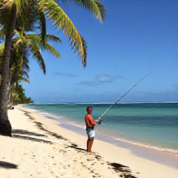 Caribbean Holidays, Haiti Fishing May, An angler casting from a quiet sandy beach with palm trees and blue sea in Haiti
