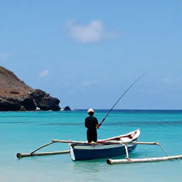 Caribbean Holidays, Haiti Fishing November, Angler casting from a small traditional boat off the Haitian coast, clear blue water and rugged shoreline