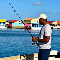 Caribbean Holidays, Haiti Fishing November, Friendly Haitian fishing guide preparing rods and tackle beside a colourful coastal harbour