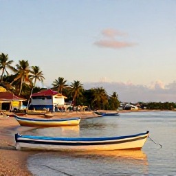 Caribbean Holidays, Haiti Fishing November, Quiet Haitian seaside village with fishing boats, palm trees and golden evening light