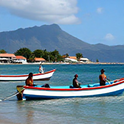 Caribbean Holidays, Haiti Fishing October, Relaxed travellers returning from a Haitian fishing trip in October, with colourful boats, a coastal village and mountains in the background