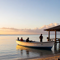 Caribbean Holidays, Haiti Fishing October, Small fishing boat leaving a sheltered Haitian harbour at sunrise in October, with anglers preparing tackle and calm Caribbean water