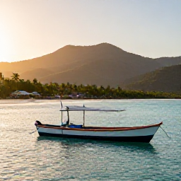 Caribbean Holidays, Haiti Fishing October, Traditional fishing boats on the calm turquoise coast of Haiti in October, with tropical hills and a warm golden morning light