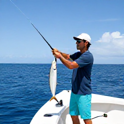 Caribbean Holidays, Haiti Fishing September, Angler fighting a strong game fish from a small charter boat on deep blue water near Haiti