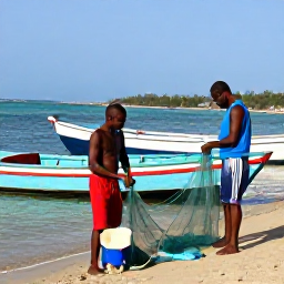 Caribbean Holidays, Haiti Fishing September, Local Haitian fishermen preparing nets and tackle beside colourful wooden boats in a small Caribbean harbour