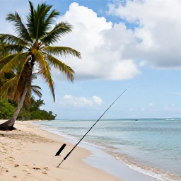 Caribbean Holidays, Haiti Fishing September, Peaceful Haitian beach with a fishing rod, palm trees and calm Caribbean sea under a partly cloudy September sky