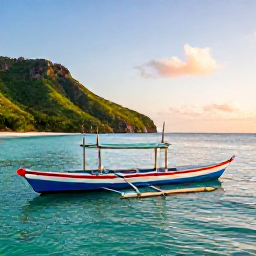 Caribbean Holidays, Haiti Fishing September, Traditional fishing boat on calm turquoise Caribbean water off the coast of Haiti at sunrise, with rugged green coastline in the background