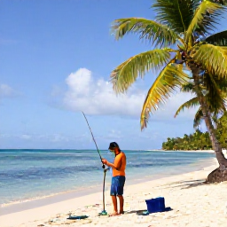 Caribbean Holidays, Haiti Fishing, Traveller preparing fishing tackle on a bright Haitian beach with palm trees and calm Caribbean water