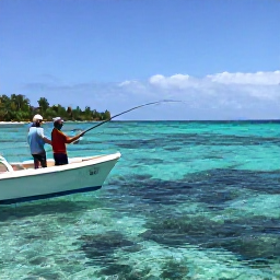 Caribbean Holidays, Haiti Fishing Trips, Angler casting from a boat beside a clear Haitian reef, with tropical coastline visible behind
