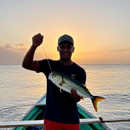 Caribbean Holidays, Haiti Fishing Trips, Happy angler holding a fish beside a traditional Haitian boat at sunset, with calm sea behind
