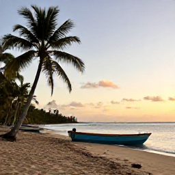 Caribbean Holidays, Haiti Fishing Trips, Quiet Haitian beach with palm trees, fishing boat pulled up on the shore and late afternoon light