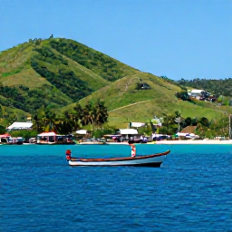 Caribbean Holidays, Haiti Fishing Trips, Small local fishing boat leaving a Haitian coastal village with green hills and blue sea in the background
