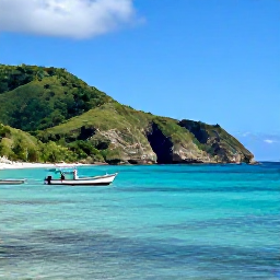 Caribbean Holidays, Haiti Holidays, A welcoming coastal view of Haiti with turquoise sea, green hills and a small fishing boat near shore