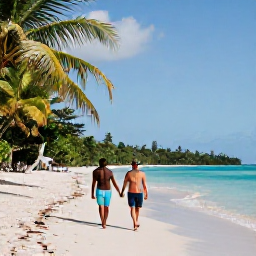 Caribbean Holidays, Haiti Holidays April, A couple walking hand in hand along a quiet tropical beach in Haiti during April, warm sunshine, clear water and relaxed Caribbean atmosphere