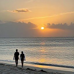 Caribbean Holidays, Haiti Holidays April, Haiti beach at sunset in April with calm Caribbean waves, warm golden light and a couple walking beside the water
