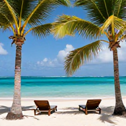 Caribbean Holidays, Haiti Holidays April, Romantic Haitian coastline with turquoise Caribbean water, palm trees, a secluded sandy cove and two sun loungers