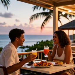 Caribbean Holidays, Haiti Holidays April, Romantic open-air Haitian restaurant at sunset, couple sharing local seafood and tropical drinks, gentle lights and relaxed Caribbean dining