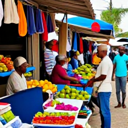 Caribbean Holidays, Haiti Holidays, Colourful Haitian market street with local fruit, spices, handmade crafts and friendly shoppers in daylight