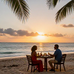 Caribbean Holidays, Haiti Holidays March, Couple enjoying a sunset dinner beside a Haitian beach resort with warm evening light in March