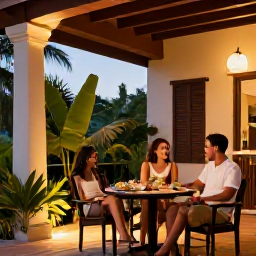 Caribbean Holidays, Haiti Holidays May, A couple relaxing at a comfortable Haiti hotel terrace after a day of sightseeing, with tropical plants and a warm evening atmosphere