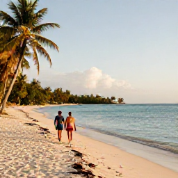 Caribbean Holidays, Haiti Holidays May, A couple walking along a quiet tropical beach in Haiti in May, with calm turquoise water, warm sunlight and palm trees