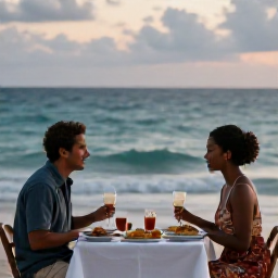 Caribbean Holidays, Haiti Holidays May, A romantic seaside dinner for two in Haiti, with local food, soft evening light and the Caribbean Sea in the background
