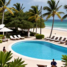 Caribbean Holidays, Haiti Holidays May, Comfortable Haitian resort pool beside a sandy beach, with sun loungers, tropical gardens and guests enjoying a relaxed May holiday