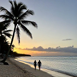 Caribbean Holidays, Haiti Holidays May, Haitian coastline at sunset with calm turquoise sea, palm-fringed beach and a couple enjoying an evening walk