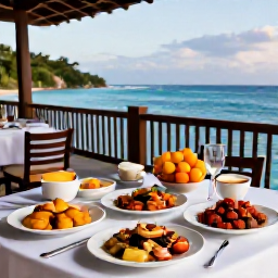 Caribbean Holidays, Haiti Holidays November, A beautifully prepared Haitian dinner on an elegant terrace overlooking the sea, with local seafood, plantain, fresh fruit and soft evening lighting