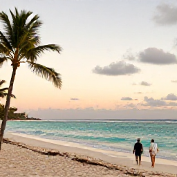 Caribbean Holidays, Haiti Holidays November, A quiet Haitian beach at sunset in November, with a couple walking beside gentle turquoise waves, palm silhouettes and a relaxed luxury holiday atmosphere