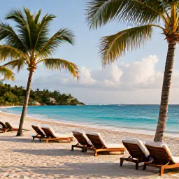 Caribbean Holidays, Haiti Holidays November, A relaxed luxury beach resort in Haiti in November, with turquoise Caribbean water, palm trees, elegant loungers and warm late-afternoon light