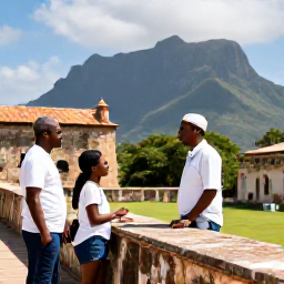 Caribbean Holidays, Haiti Holidays November, Visitors exploring the historic Citadelle Laferri&egrave;re in Haiti, with dramatic mountain scenery, warm daylight and a knowledgeable local guide