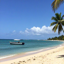 Caribbean Holidays, Haiti Holidays, Palm-fringed sandy beach in Haiti with clear Caribbean water, small fishing boats and bright sunshine