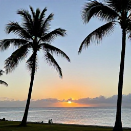 Caribbean Holidays, Haiti Holidays, Relaxed sunset over a Haitian coastline with warm golden light, palm trees and calm Caribbean water