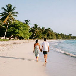 Caribbean Holidays, Haiti Honeymoon, A couple walking hand in hand along a peaceful sandy beach near Haiti, gentle waves, tropical greenery and late afternoon light