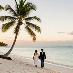 Caribbean Holidays, Haiti Honeymoon April, A newlywed couple walking beside a quiet tropical beach in Haiti at sunset, with palm trees and calm turquoise water