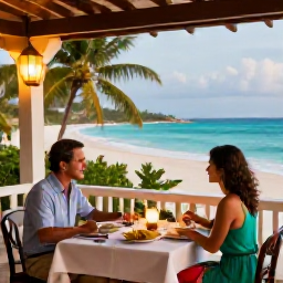 Caribbean Holidays, Haiti Honeymoon July, A couple enjoying a romantic dinner on a tropical terrace in Haiti, with lanterns, local food and a view towards the Caribbean Sea