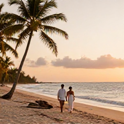 Caribbean Holidays, Haiti Honeymoon July, A newly married couple walking along a quiet tropical beach in Haiti at sunset, with palm trees, warm sea and soft golden light