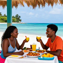 Caribbean Holidays, Haiti Honeymoon June, A couple sharing fresh Haitian seafood and tropical fruit at a relaxed seaside restaurant, colourful local details and ocean views
