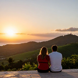 Caribbean Holidays, Haiti Honeymoon June, A couple watching a warm sunset from a peaceful Haitian viewpoint, green hills, distant coastline and soft golden light