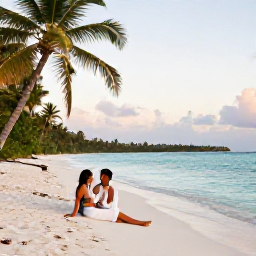 Caribbean Holidays, Haiti Honeymoon June, A newlywed couple relaxing on a quiet tropical beach in Haiti in June, with turquoise water, palm trees and soft morning light