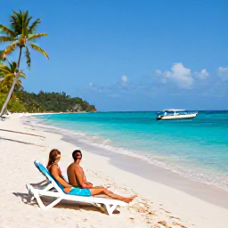 Caribbean Holidays, Haiti Honeymoon March, A couple relaxing beside clear Caribbean waters on a sandy beach in Haiti, with sun loungers, palm trees and a small boat offshore