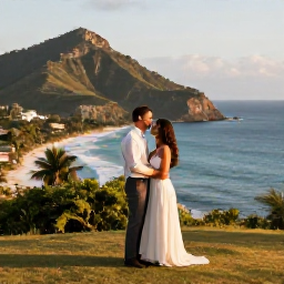 Caribbean Holidays, Haiti Honeymoon March, A happy newlywed couple on a scenic Haitian coastline in March, with tropical hills, blue sea and warm late-afternoon sunlight