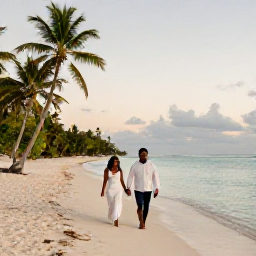 Caribbean Holidays, Haiti Honeymoon March, A newlywed couple walking hand in hand along a quiet tropical beach in Haiti at sunset, with calm turquoise water and palm trees